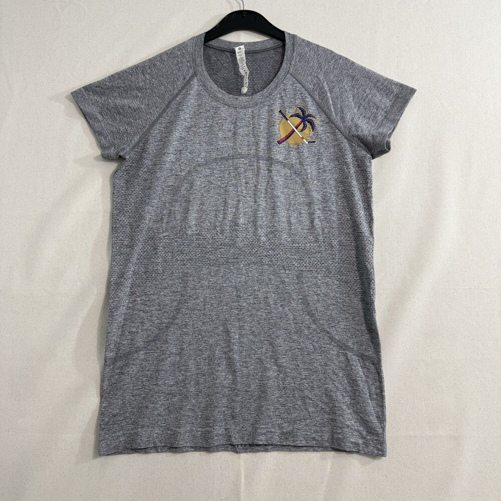 Lululemon Swiftly Tech Short Sleeve Shirt Gray Hockey Palm Tree Logo Size 10